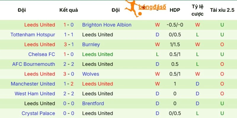 Thành tích trận đấu của Leeds United